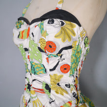 Load image into Gallery viewer, 50s SHIRRED COTTON NOVELTY DRUMMER LADY PRINT SWIMSUIT - S