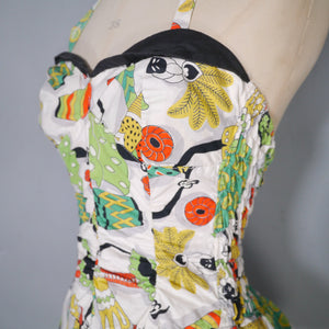 50s SHIRRED COTTON NOVELTY DRUMMER LADY PRINT SWIMSUIT - S