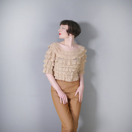 VINTAGE LIGHT OATMEAL TIERED RUFFLE CROCHET PEASANT BLOUSE TOP - S-M