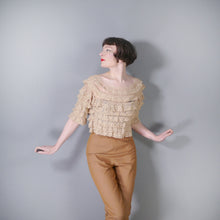 Load image into Gallery viewer, VINTAGE LIGHT OATMEAL TIERED RUFFLE CROCHET PEASANT BLOUSE TOP - S-M