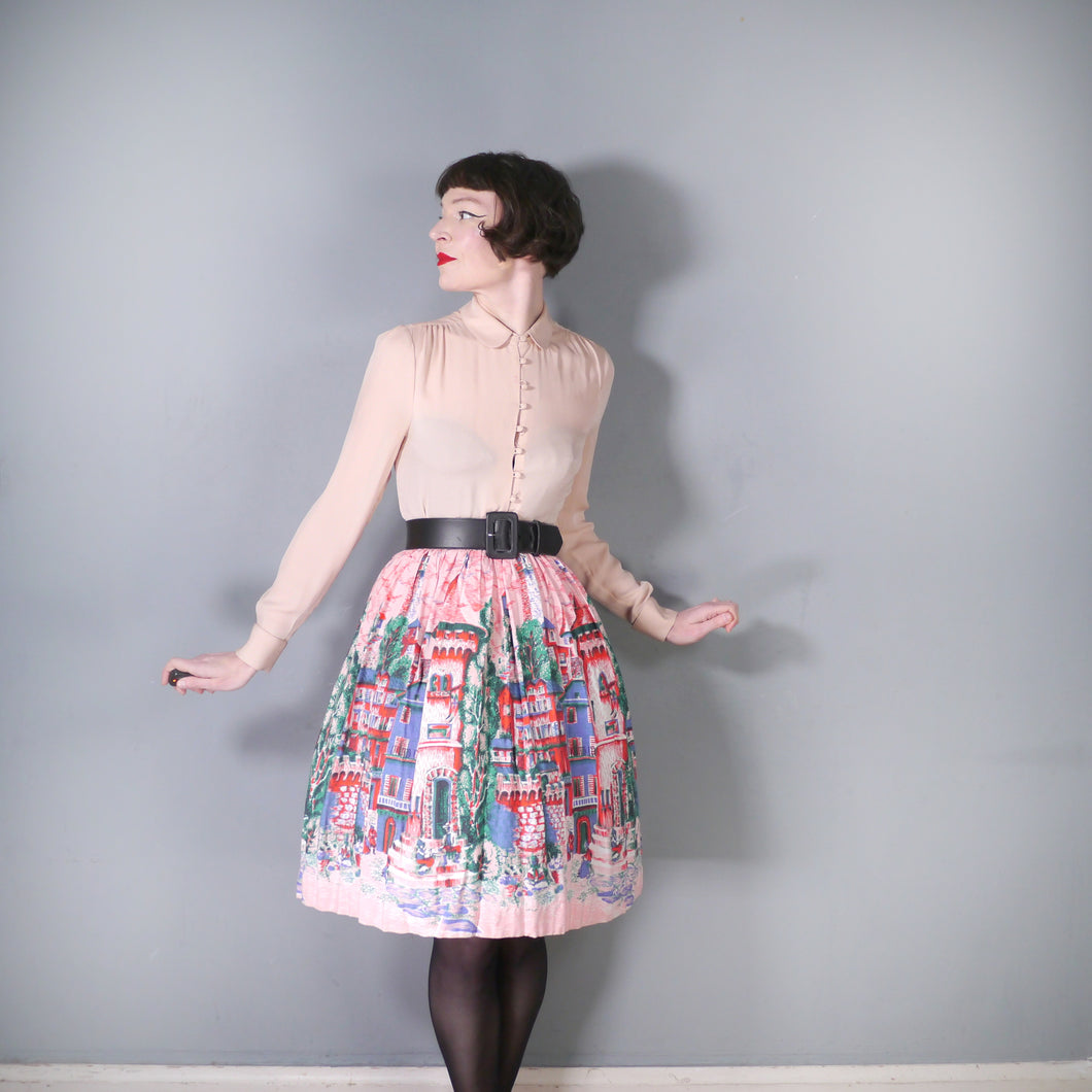 PINK 50s NOVELTY BORDER VILLAGE PRINT SKIRT - 24