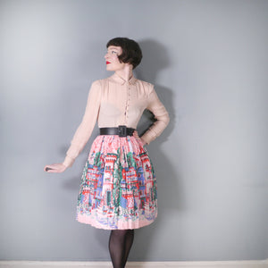 PINK 50s NOVELTY BORDER VILLAGE PRINT SKIRT - 24"