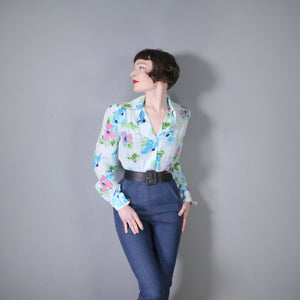 70s does 40s PASTEL BLUE FLORAL CREPE BLOUSE / SHIRT - M-L