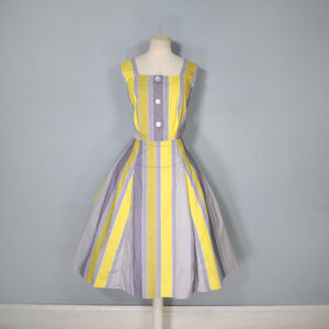 50s 60s YELLOW GREY STRIPED COTTON DAY DRESS - M