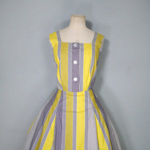 50s 60s YELLOW GREY STRIPED COTTON DAY DRESS - M