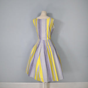 50s 60s YELLOW GREY STRIPED COTTON DAY DRESS - M