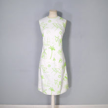 Load image into Gallery viewer, 60s 70s LIME GREEN VESTED GENTRESS NOVELTY DONKEY AND PALM TREES SHIFT DRESS - M