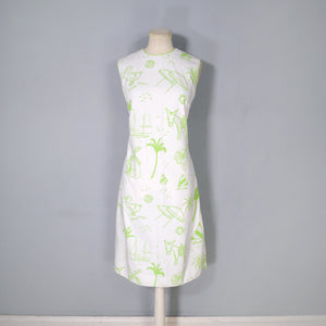 60s 70s LIME GREEN VESTED GENTRESS NOVELTY DONKEY AND PALM TREES SHIFT DRESS - M