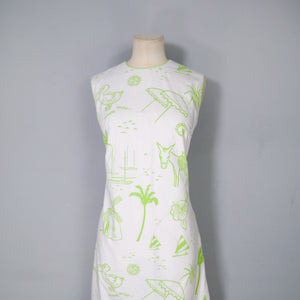 60s 70s LIME GREEN VESTED GENTRESS NOVELTY DONKEY AND PALM TREES SHIFT DRESS - M