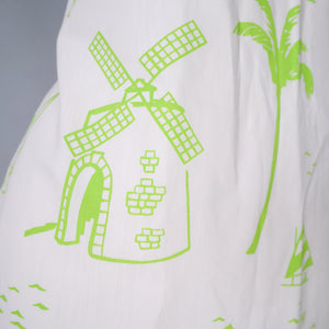 60s 70s LIME GREEN VESTED GENTRESS NOVELTY DONKEY AND PALM TREES SHIFT DRESS - M