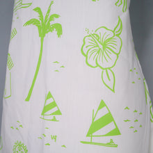 Load image into Gallery viewer, 60s 70s LIME GREEN VESTED GENTRESS NOVELTY DONKEY AND PALM TREES SHIFT DRESS - M