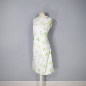 60s 70s LIME GREEN VESTED GENTRESS NOVELTY DONKEY AND PALM TREES SHIFT DRESS - M