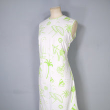 Load image into Gallery viewer, 60s 70s LIME GREEN VESTED GENTRESS NOVELTY DONKEY AND PALM TREES SHIFT DRESS - M