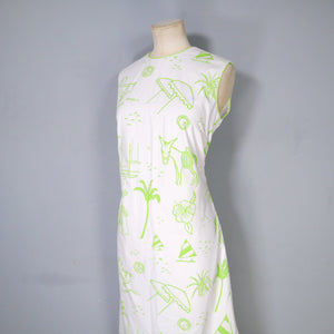 60s 70s LIME GREEN VESTED GENTRESS NOVELTY DONKEY AND PALM TREES SHIFT DRESS - M