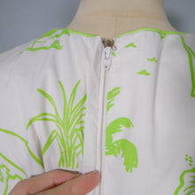 Load image into Gallery viewer, 60s 70s LIME GREEN VESTED GENTRESS NOVELTY DONKEY AND PALM TREES SHIFT DRESS - M