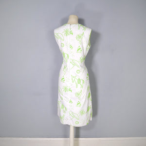 60s 70s LIME GREEN VESTED GENTRESS NOVELTY DONKEY AND PALM TREES SHIFT DRESS - M