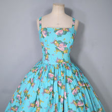 Load image into Gallery viewer, 50s TURQUOISE FRUIT MELON AND GRAPES PRINT SUN DRESS - XS