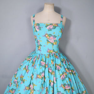 50s TURQUOISE FRUIT MELON AND GRAPES PRINT SUN DRESS - XS