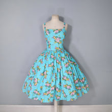 Load image into Gallery viewer, 50s TURQUOISE FRUIT MELON AND GRAPES PRINT SUN DRESS - XS