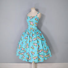 Load image into Gallery viewer, 50s TURQUOISE FRUIT MELON AND GRAPES PRINT SUN DRESS - XS