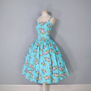 50s TURQUOISE FRUIT MELON AND GRAPES PRINT SUN DRESS - XS