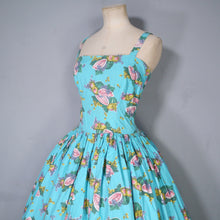 Load image into Gallery viewer, 50s TURQUOISE FRUIT MELON AND GRAPES PRINT SUN DRESS - XS