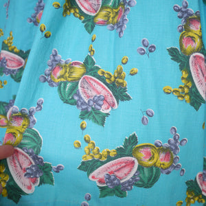 50s TURQUOISE FRUIT MELON AND GRAPES PRINT SUN DRESS - XS