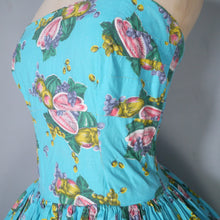 Load image into Gallery viewer, 50s TURQUOISE FRUIT MELON AND GRAPES PRINT SUN DRESS - XS