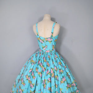 50s TURQUOISE FRUIT MELON AND GRAPES PRINT SUN DRESS - XS