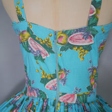 Load image into Gallery viewer, 50s TURQUOISE FRUIT MELON AND GRAPES PRINT SUN DRESS - XS