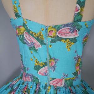 50s TURQUOISE FRUIT MELON AND GRAPES PRINT SUN DRESS - XS