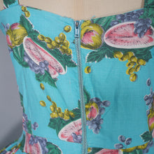 Load image into Gallery viewer, 50s TURQUOISE FRUIT MELON AND GRAPES PRINT SUN DRESS - XS