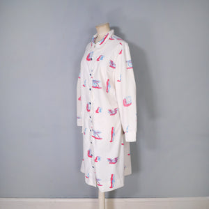 70s VESTED GENTRESS NOVELTY PRINT LIGHT DUSTER COAT / DRESS - M-L