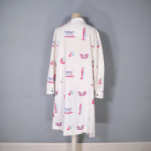 70s VESTED GENTRESS NOVELTY PRINT LIGHT DUSTER COAT / DRESS - M-L