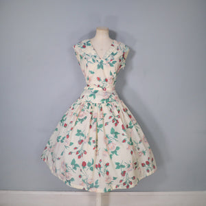 50s NYLON FULL SKIRTED ROMANTIC ROSE PRINT DRESS - S