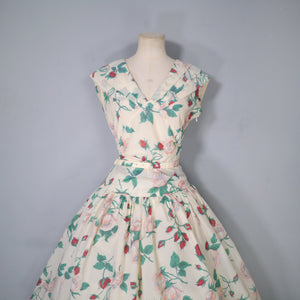 50s NYLON FULL SKIRTED ROMANTIC ROSE PRINT DRESS - S