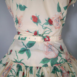 50s NYLON FULL SKIRTED ROMANTIC ROSE PRINT DRESS - S