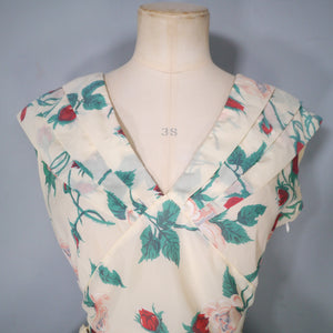 50s NYLON FULL SKIRTED ROMANTIC ROSE PRINT DRESS - S