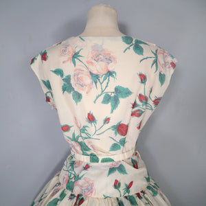 50s NYLON FULL SKIRTED ROMANTIC ROSE PRINT DRESS - S