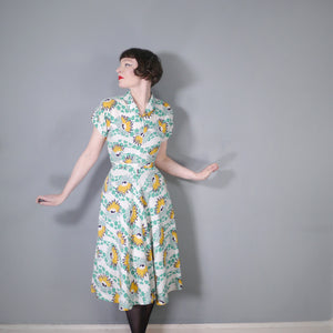 40s SOFT RAYON GREEN AND YELLOW FLORAL PRINT DRESS - XS