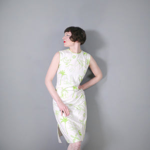 60s 70s LIME GREEN VESTED GENTRESS NOVELTY DONKEY AND PALM TREES SHIFT DRESS - M