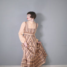 Load image into Gallery viewer, 70s BROWN AND PEACH STRIPE VICTORIAN STYLE PRAIRIE MAXI DRESS - M