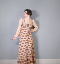 Load image into Gallery viewer, 70s BROWN AND PEACH STRIPE VICTORIAN STYLE PRAIRIE MAXI DRESS - M