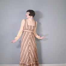 Load image into Gallery viewer, 70s BROWN AND PEACH STRIPE VICTORIAN STYLE PRAIRIE MAXI DRESS - M