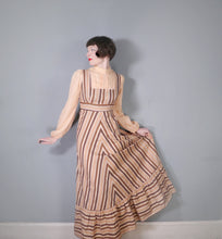 Load image into Gallery viewer, 70s BROWN AND PEACH STRIPE VICTORIAN STYLE PRAIRIE MAXI DRESS - M