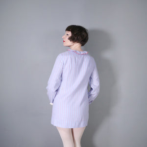 60s YOUNG EDWARDIANS PASTEL BLUE STRIPED SHIRT MINI DRESS WITH DAISY LACE BUTTONS - XS