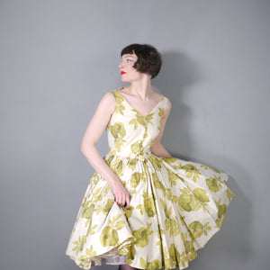 FREDERICA STARKE PALE GREEN FLORAL PRINT FULL SKIRTED COTTON DRESS - S