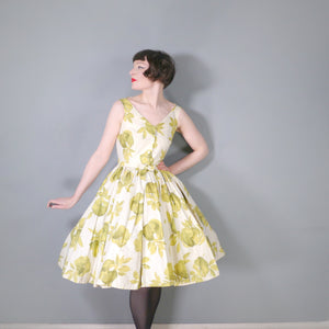 FREDERICA STARKE PALE GREEN FLORAL PRINT FULL SKIRTED COTTON DRESS - S