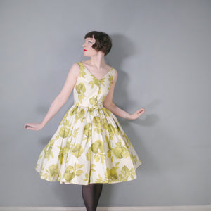 FREDERICA STARKE PALE GREEN FLORAL PRINT FULL SKIRTED COTTON DRESS - S