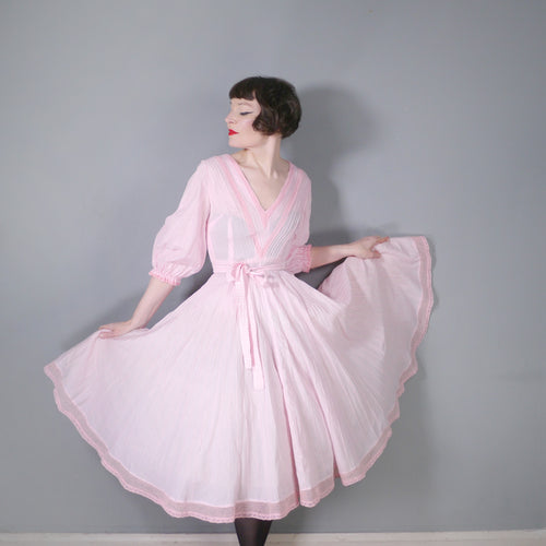 70s MEXICANA SLOAN STREET PASTEL PINK PINTUCKED COTTON AND LACE DRESS - S